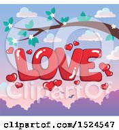 Clipart Of A Red Word Love With Valentines Day Hearts Over A Sunset With A Branch Royalty Free Vector Illustration