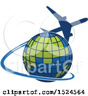 Clipart Of A Silhouetted Airplane Flying Around Planet Earth Royalty Free Vector Illustration