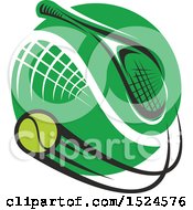 Clipart Of A Green Circle With A Tennis Net Ball And Racket Royalty Free Vector Illustration