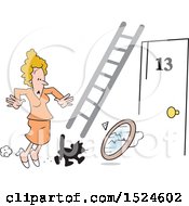 Poster, Art Print Of Superstition Scene Of A Black Cat Crossing An Unlucky Womans Path Ladder Door Number 13 And A Broken Mirror