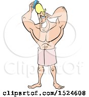 Cartoon Buff Blond Dude Combing His Hair After A Shower