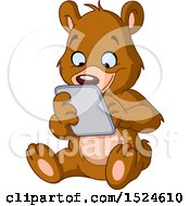 Poster, Art Print Of Cartoon Happy Teddy Bear Using A Tablet