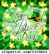 Clipart Of A Happy St Patricks Day Greeting Over A Green Ray Burst With Stars And A Leprechaun Hat Royalty Free Vector Illustration by AtStockIllustration