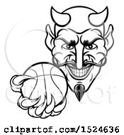 Clipart Of A Black And White Grinning Evil Devil Holding Out A Basketball In A Clawed Hand Royalty Free Vector Illustration