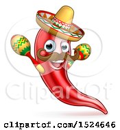 Poster, Art Print Of Cartoon Spicy Hot Red Chili Pepper Mascot Wearing A Sombrero Hat And Shaking Mexican Maracas