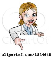 Poster, Art Print Of Cartoon Friendly White Female Scientist Pointing Down Over A Sign