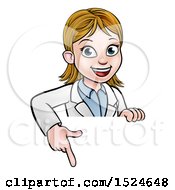 Clipart Of A Cartoon Friendly White Female Scientist Pointing Down Over A Sign Royalty Free Vector Illustration