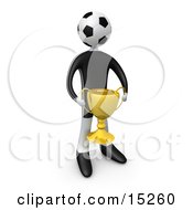 Soccer Player Person With A Soccer Ball Head Holding A Golden Trophy Cup