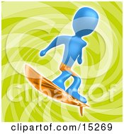 Blue Person Wearing Orange Shorts And Surfing Over A Green Background Clipart Illustration Image