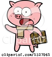 Poster, Art Print Of Cartoon Pig With Christmas Present