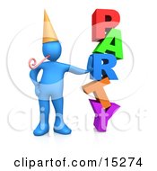 Blue Person In A Gold Party Hat With A Party Blower Leaning Against The Colorful Word Party