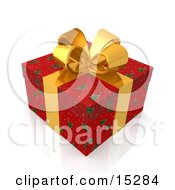 Christmas Gift Present Wrapped In Red Christmas Tree Patterned Wrapping Paper And A Gold Ribbon And Bow Clipart Illustration Image by 3poD
