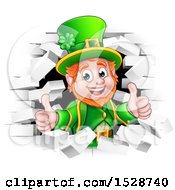 Poster, Art Print Of St Patricks Day Leprechaun Giving Two Thumbs Up And Breaking Through White Brick Wall