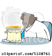 Poster, Art Print Of Cartoon Black Business Man Sitting In Front Of His Birthday Cake With Many Lit Candles