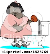 Clipart Of A Cartoon Black Woman Plunging An Overflowing Toilet Royalty Free Vector Illustration