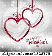 Poster, Art Print Of Happy Valentines Day Greeting With Suspended Red Hearts Over A Gray Pattern