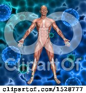 Clipart Of A 3d Male Body With Visible Muscles Over A Background Of Cells And Viruses Royalty Free Illustration
