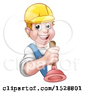 Poster, Art Print Of Happy White Male Plumber Holding A Plunger Around A Sign