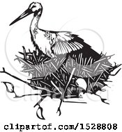 Poster, Art Print Of Stork Bird In A Nest Black And White Woodcut