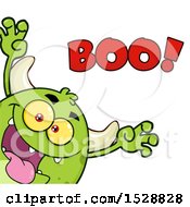 Clipart Of A Short Green Monster Shouting Boo In A Scare Pose Royalty Free Vector Illustration
