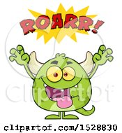 Clipart Of A Short Green Monster Roaring In A Scare Pose Royalty Free Vector Illustration