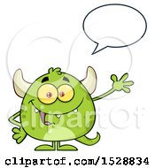 Poster, Art Print Of Short Green Monster Waving And Talking