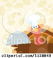 Clipart Of A Thanksgiving Chef Turkey Bird Holding A Cloche Platter Over Falling Autumn Leaves Royalty Free Vector Illustration