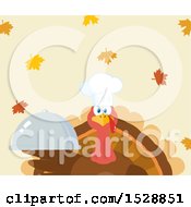 Poster, Art Print Of Thanksgiving Chef Turkey Bird Holding A Cloche Platter Over Falling Autumn Leaves