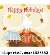 Clipart Of A Happy Holidays Greeting Over A Thanksgiving Chef Turkey Bird Holding A Cloche Platter Over Falling Autumn Leaves Royalty Free Vector Illustration