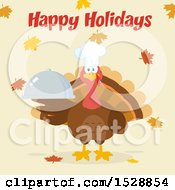 Clipart Of A Happy Holidays Greeting Over A Thanksgiving Chef Turkey Bird Holding A Cloche Platter Over Falling Autumn Leaves Royalty Free Vector Illustration
