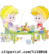 Poster, Art Print Of Caucasian Boy And Girl With Blocks And Toys At A Table