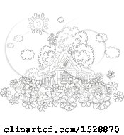 Poster, Art Print Of Black And White Happy Sun Over A Cottage With Daisy Flowers
