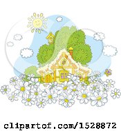 Poster, Art Print Of Happy Sun Over A Cottage With Daisy Flowers