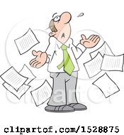 Poster, Art Print Of Cartoon White Business Man Surrounded By Documents Looking Up And Saying What Now