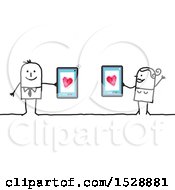 Poster, Art Print Of Stick Couple Holding Cell Phones With Hearts Online Dating