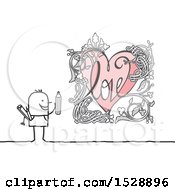 Clipart Of A Stick Man With A Floral Heart Drawing Royalty Free Vector Illustration