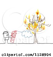 Clipart Of A Stick Man Firefighter Using An Extinguisher To Put Out A Fire On A Tree Royalty Free Vector Illustration by NL shop