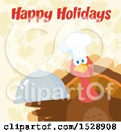 Poster, Art Print Of Happy Holidays Greeting Over A Thanksgiving Chef Turkey Bird Holding A Cloche Platter Over Falling Autumn Leaves