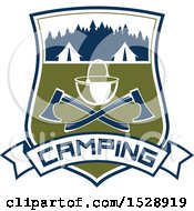 Poster, Art Print Of Camping Shield Design With Tents A Pot And Crossed Axes Over A Text Banner
