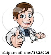 Poster, Art Print Of Cartoon Friendly Brunette White Male Doctor Giving A Thumb Up Over A Sign