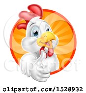 Clipart Of A White Chicken Giving A Thumb Up And Emerging From A Circle Of Sun Rays Royalty Free Vector Illustration