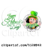 Poster, Art Print Of Happy St Patricks Day Greeting By A Leprechaun Giving Two Thumbs Up And Breaking Through A Wall