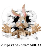 Clipart Of A Brown Easter Bunny Rabbit Breaking Through A White Brick Wall Royalty Free Vector Illustration