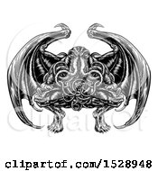 Poster, Art Print Of Black And White Retro Woodcut Cthulhu Octopus Monster With Wings