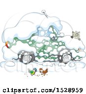 Clipart Of A Car Buried In Snow With A Cat Peeking Over The Hood To Watch Birds Royalty Free Vector Illustration