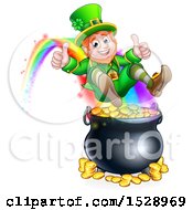 Poster, Art Print Of St Patricks Day Leprechaun Giving Two Thumbs Up Riding A Rainbow To The Top Of A Pot Of Gold