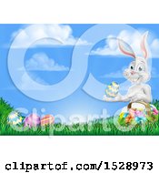 Poster, Art Print Of Happy White Easter Bunny Rabbit With A Basket And Eggs In Grass