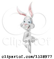 Clipart Of A Happy White Easter Bunny Rabbit Pointing Around A Sign Royalty Free Vector Illustration