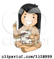 Poster, Art Print Of Happy Native American Girl Stitching Together Birch Bark