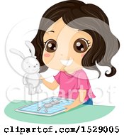 Poster, Art Print Of Happy Girl Holding A 3d Printed Rabbit Toy Over A Tablet